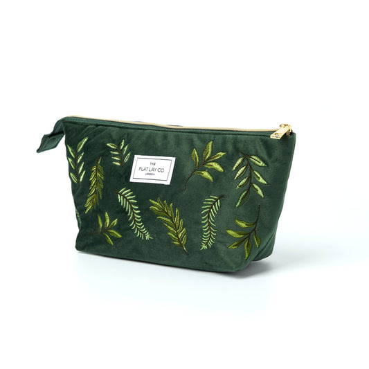 Green Leaves Embroidered Velvet Essential Makeup Pouch