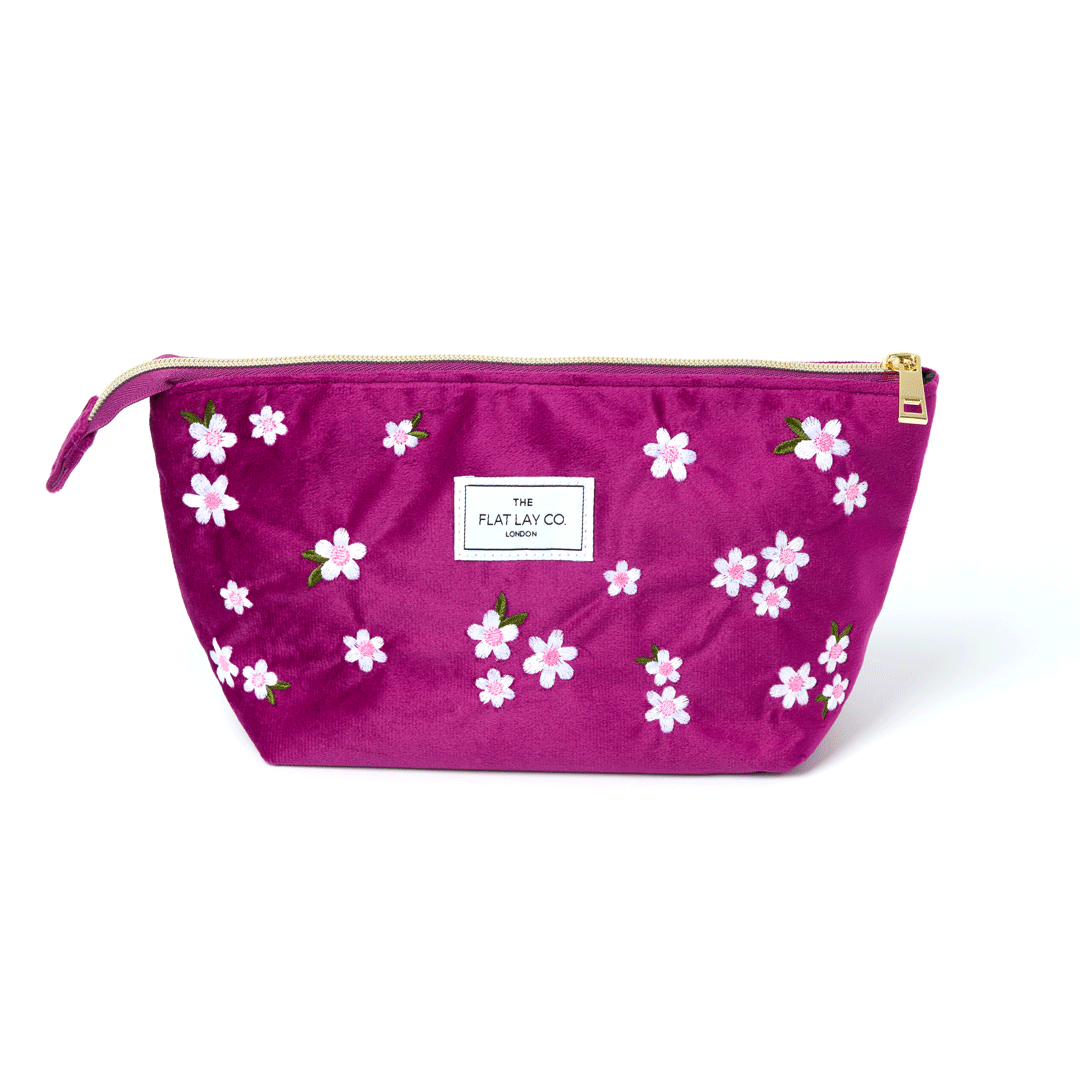 Plum Daisy Embroidered Velvet Essential Makeup Pouch
