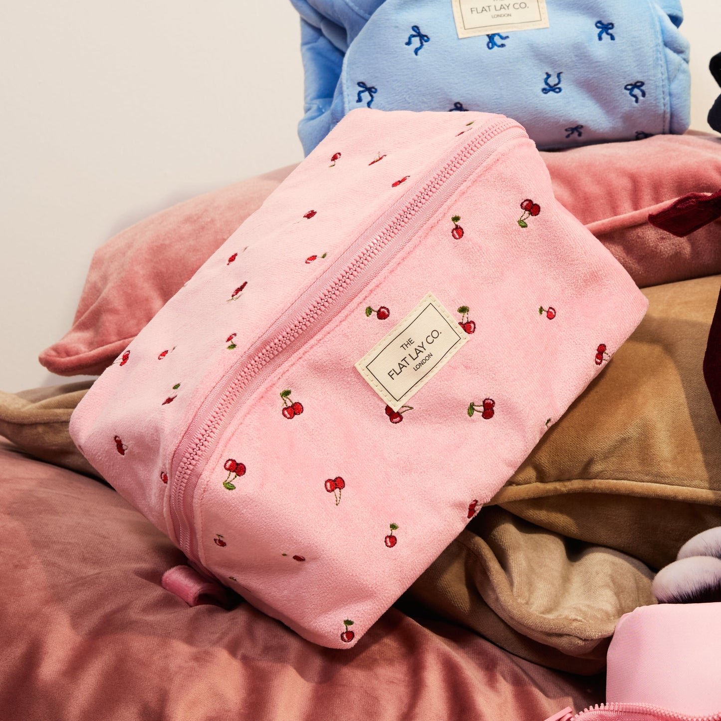 Flat Lay Makeup Box Bag - Ditsy Cherries Pink Embroidered Velvet