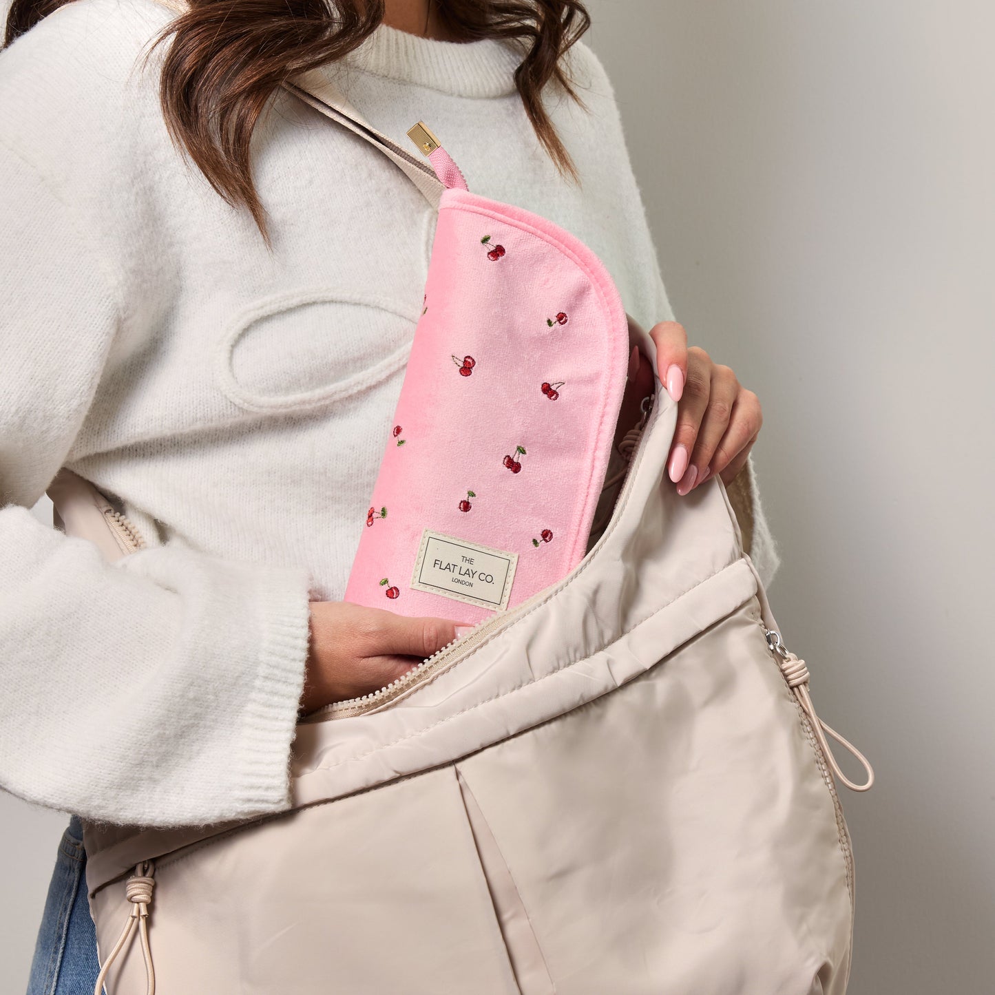 Standing Makeup Brush Case - Ditsy Cherries Pink Embroidered Velvet