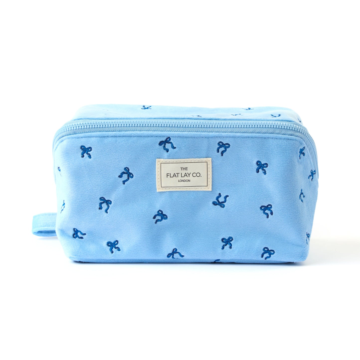 Flat Lay Makeup Box Bag - Ditsy Bows Blue Embroidered Velvet
