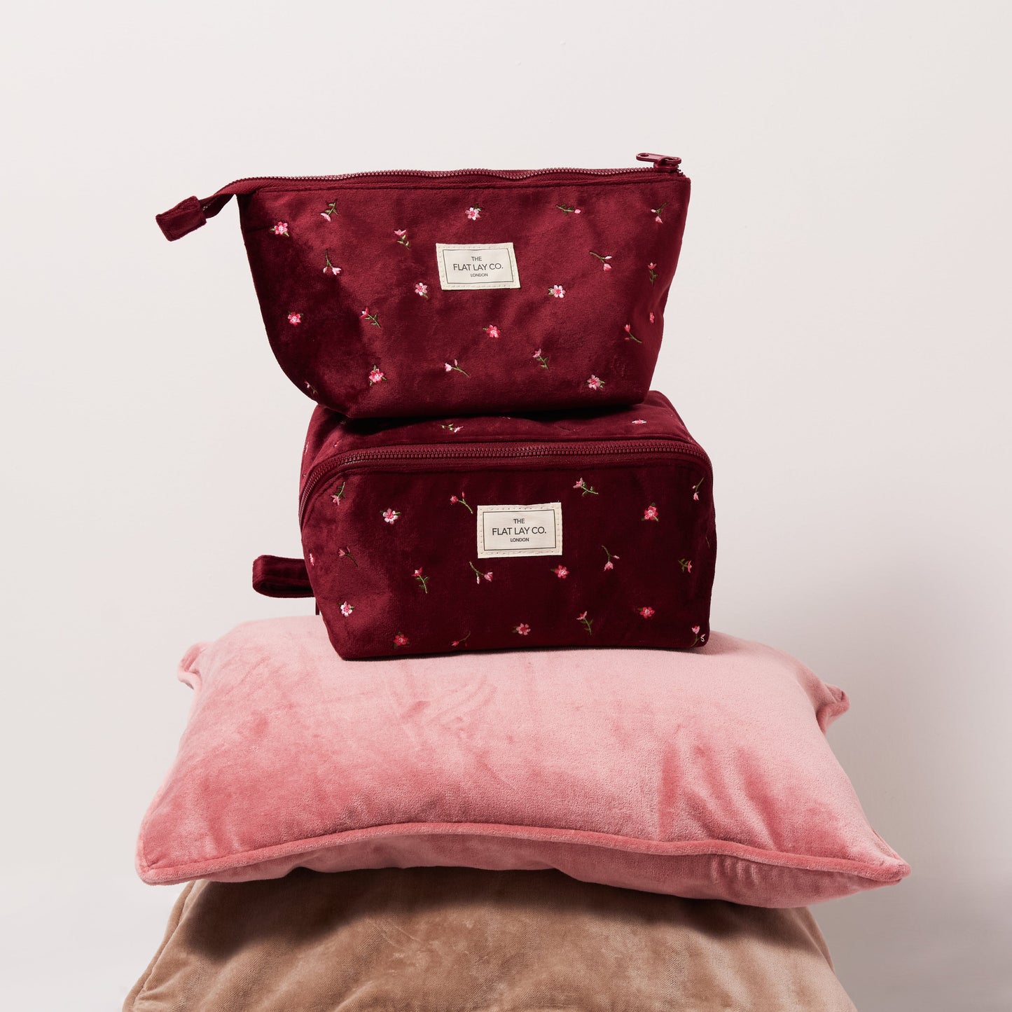 Essential Makeup Pouch - Ditsy Roses Burgundy Embroidered Velvet