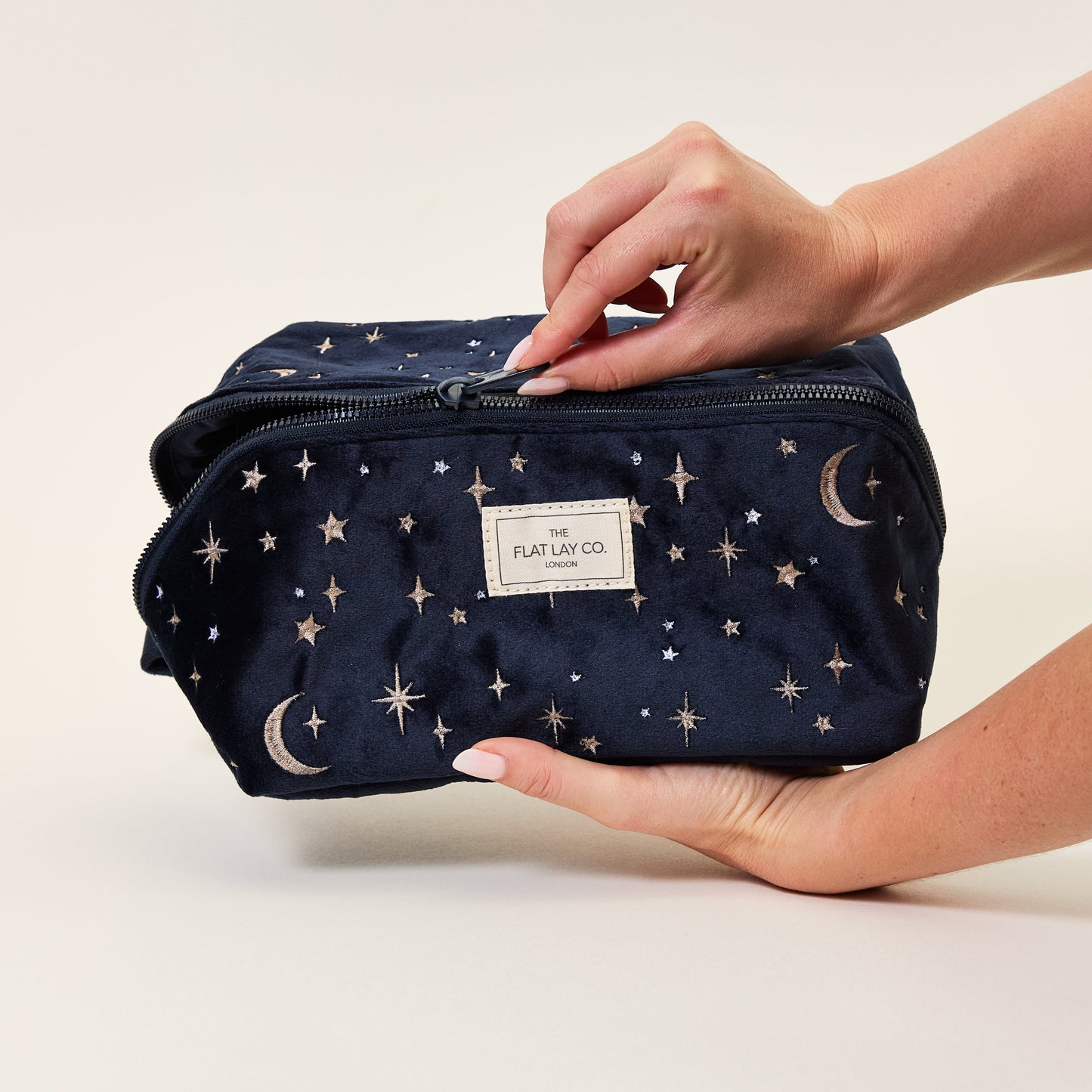 Flat Lay Makeup Box Bag - Celestial Blue Embroidered Velvet