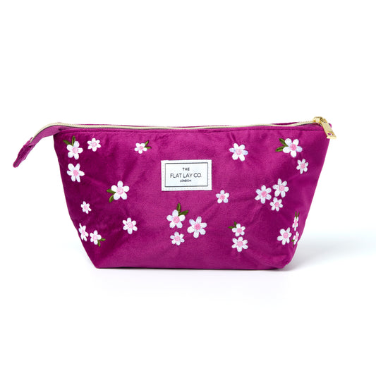 Plum Daisy Embroidered Velvet Essential Makeup Pouch