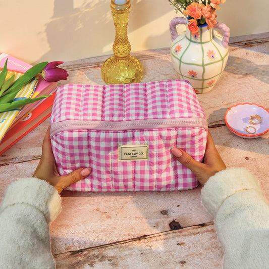 Marshmallow Flat Lay Makeup Box Bag - Pink Gingham