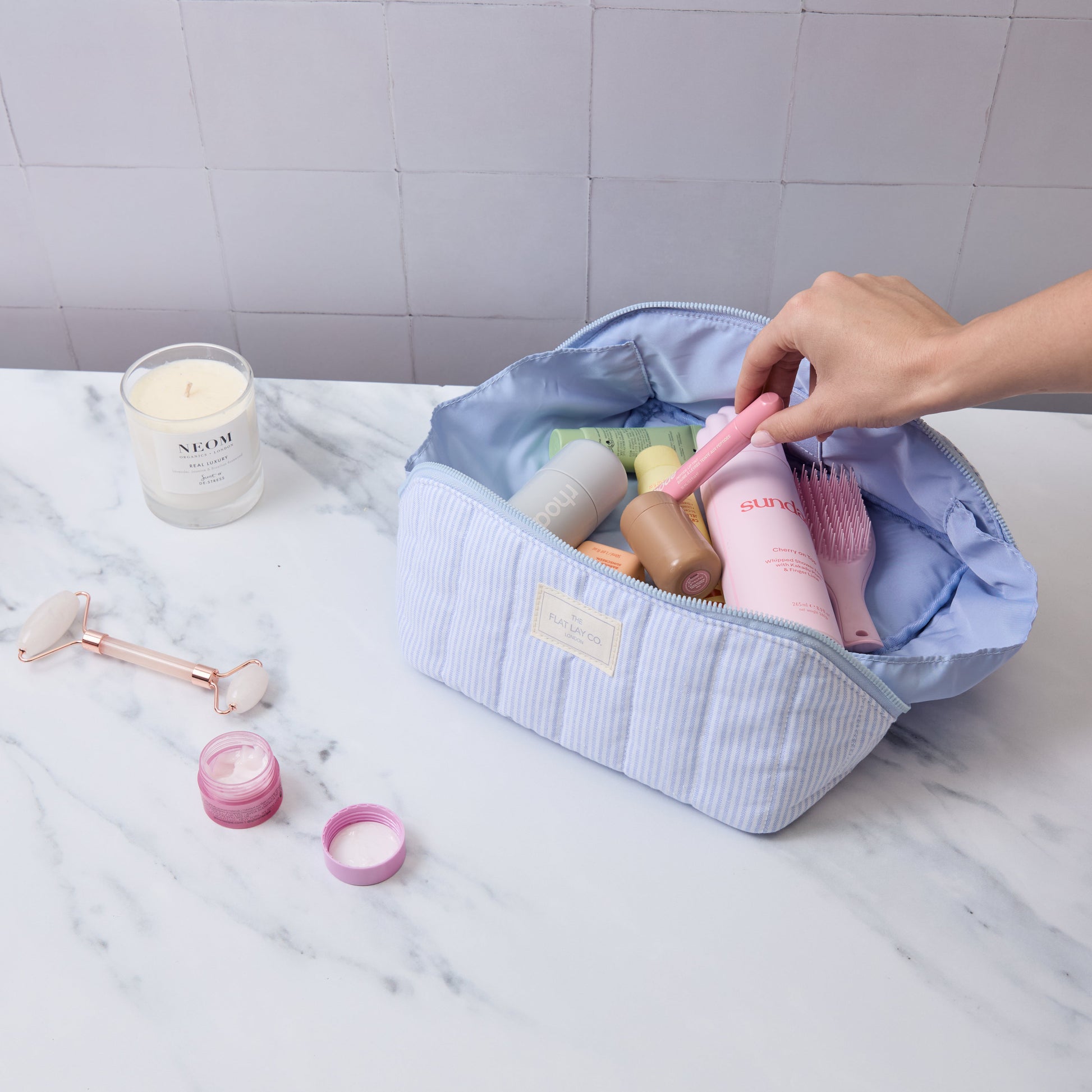 Marshmallow Makeup Box Bag - Cotton Blue Pinstripes