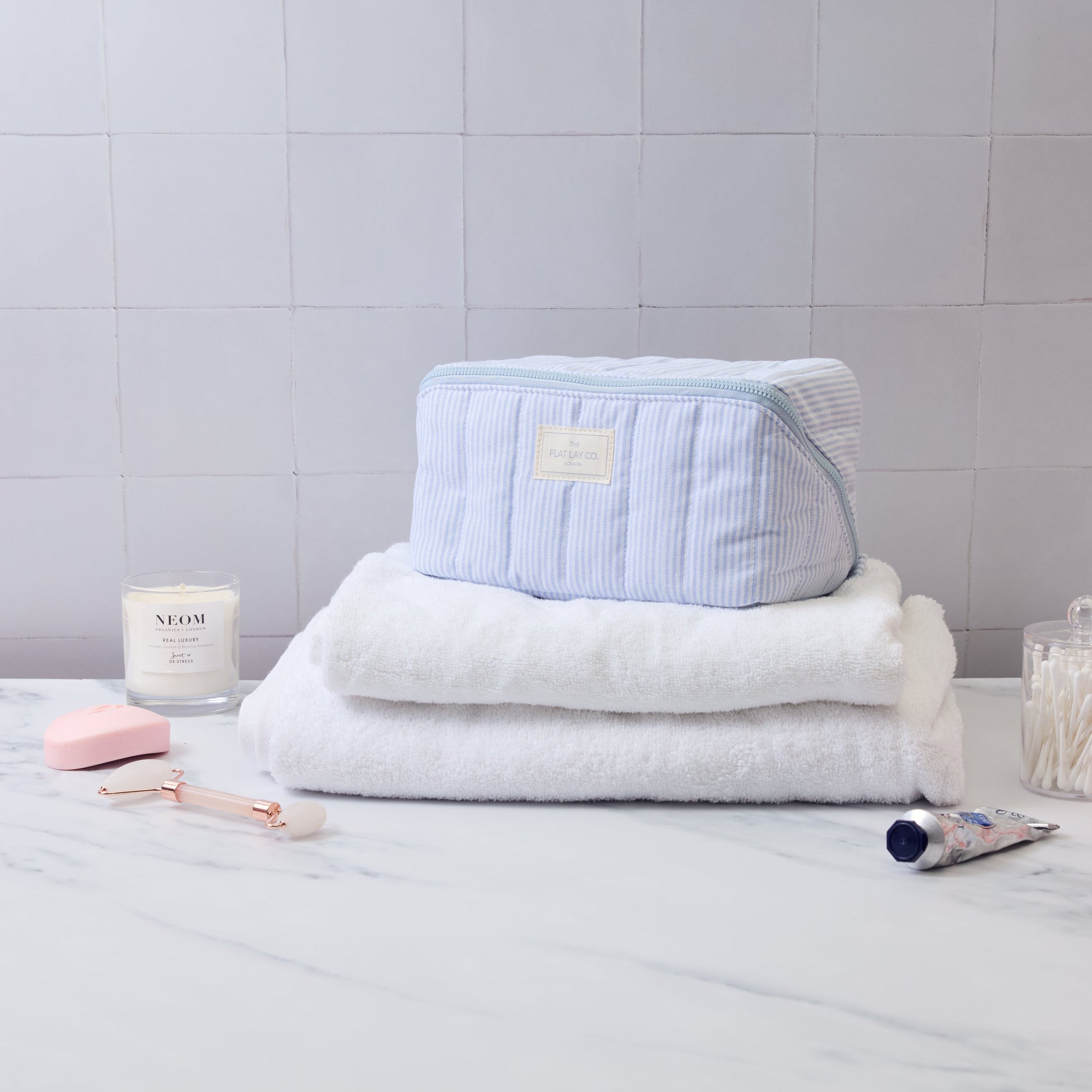 Marshmallow Makeup Box Bag - Cotton Blue Pinstripes