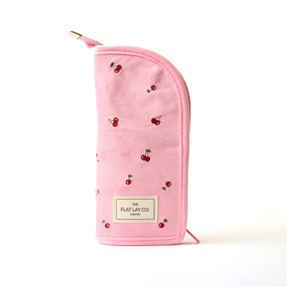 Standing Makeup Brush Case - Ditsy Cherries Pink Embroidered Velvet