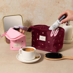 Standing Makeup Brush Case - Ditsy Cherries Pink Embroidered Velvet