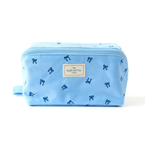 Flat Lay Makeup Box Bag - Ditsy Bows Blue Embroidered Velvet