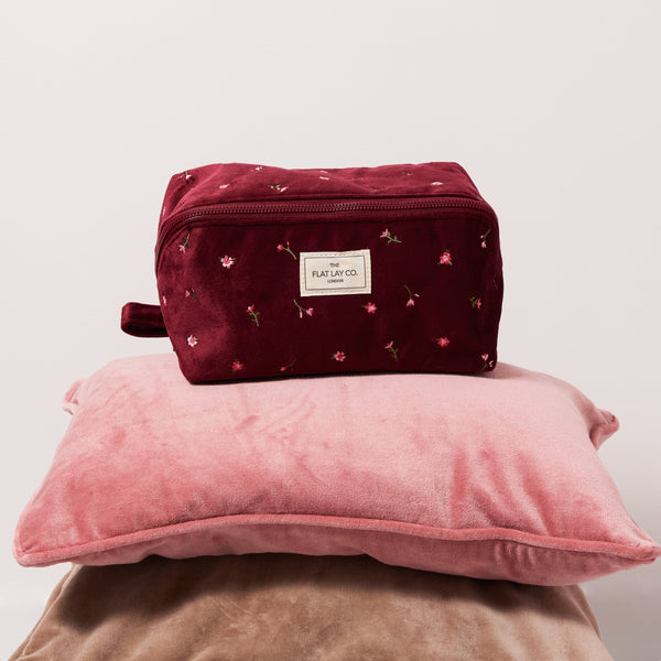 Flat Lay Makeup Box Bag - Ditsy Roses Burgundy Embroidered Velvet