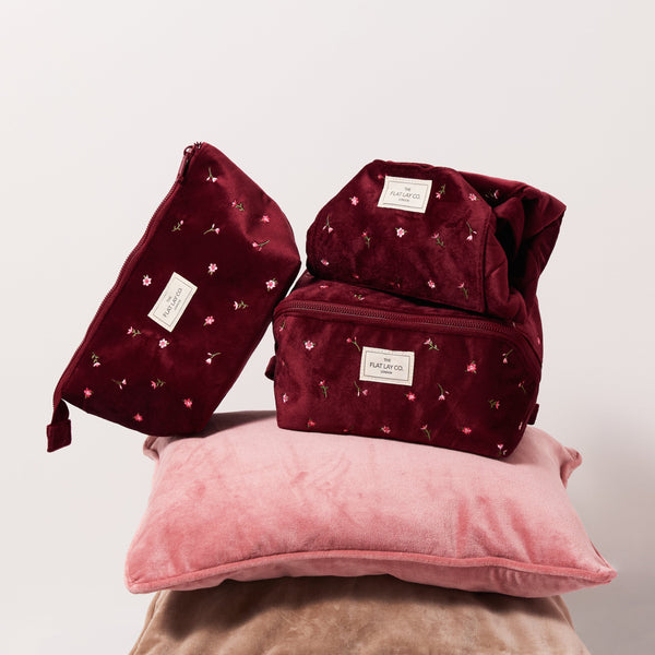 Flat Lay Makeup Box Bag - Ditsy Roses Burgundy Embroidered Velvet