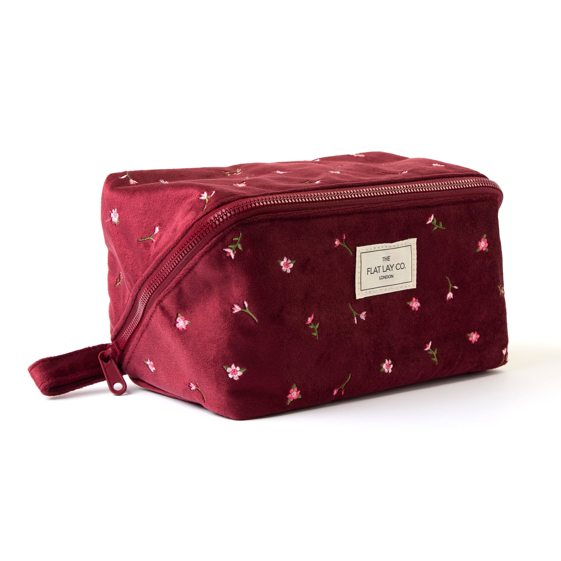 burgundy travel makeup bag Flat Lay Makeup Box Bag