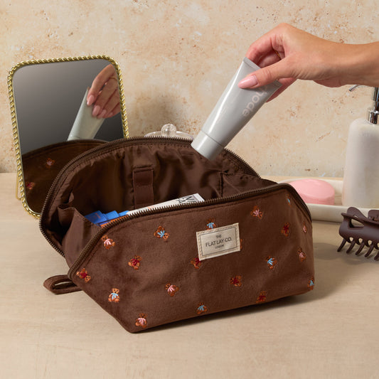 Flat Lay Makeup Box Bag - Ditsy Bears Brown Embroidered Velvet