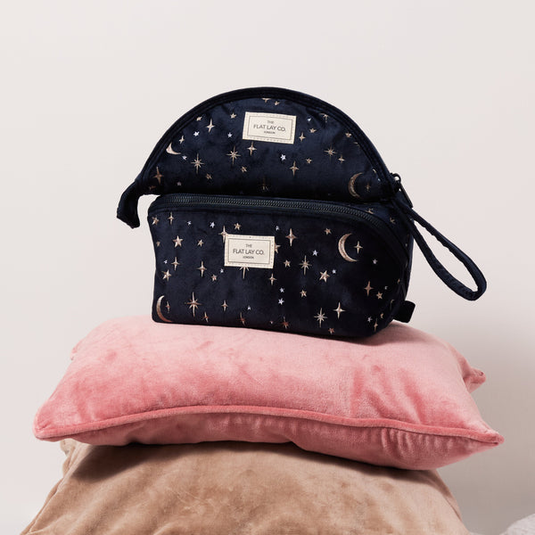 Lunar Flat Lay Makeup Pouch - Celestial Blue Embroidered Velvet