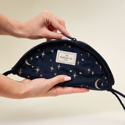 Lunar Flat Lay Makeup Pouch - Celestial Blue Embroidered Velvet