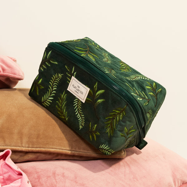 Flat Lay Makeup Box Bag - Green Leaves Embroidered Velvet