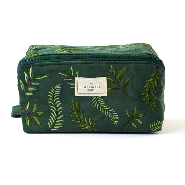 Flat Lay Makeup Box Bag - Green Leaves Embroidered Velvet