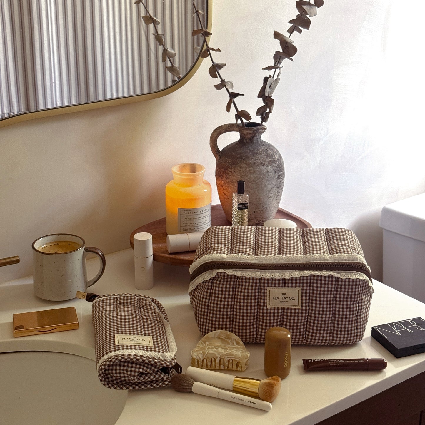 Marshmallow Box Bag & Brush Case Bundle - Mocha Gingham